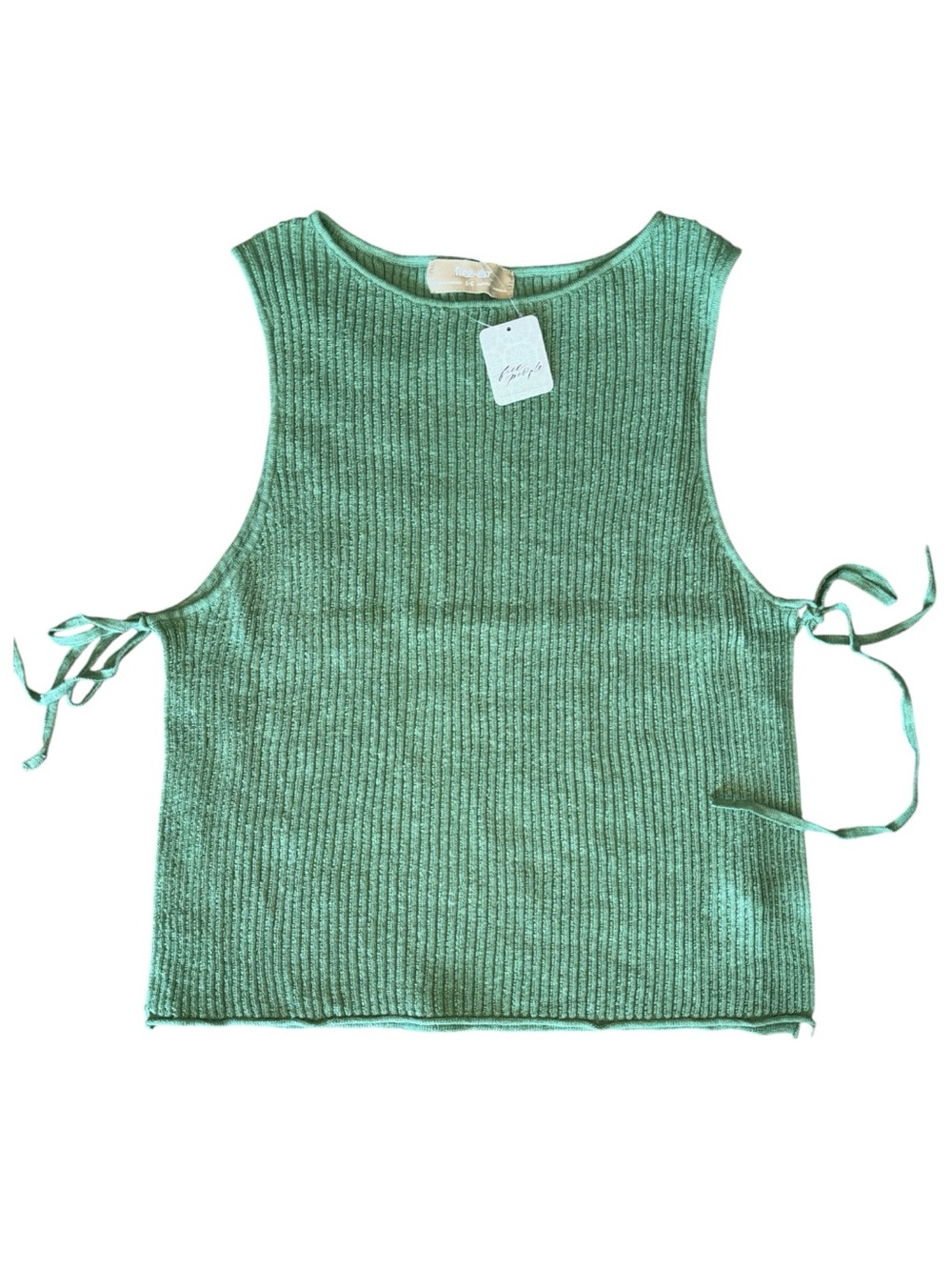 Free People Lizzie Linen Blend Sweater Top Green Eyes Ribbed Side Ties L NWT